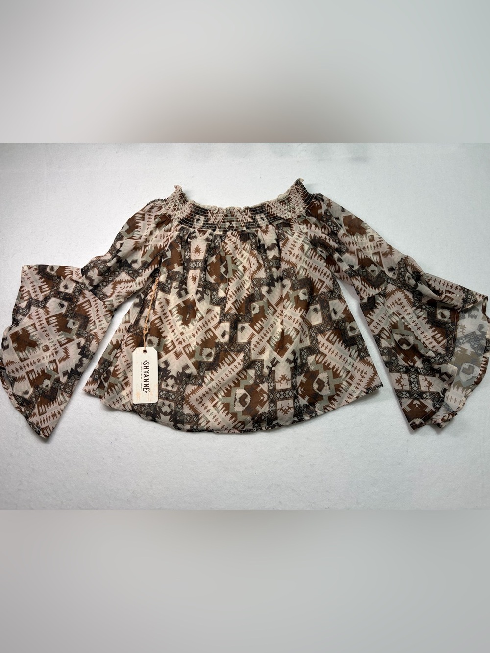 Shyanne Brown and Beige Aztec Off-Shoulder Blouse